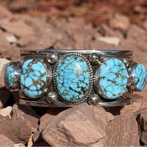 Navajo Sterling Silver Blue Kingman Turquoise Cuff Bracelet. A Albert Jake